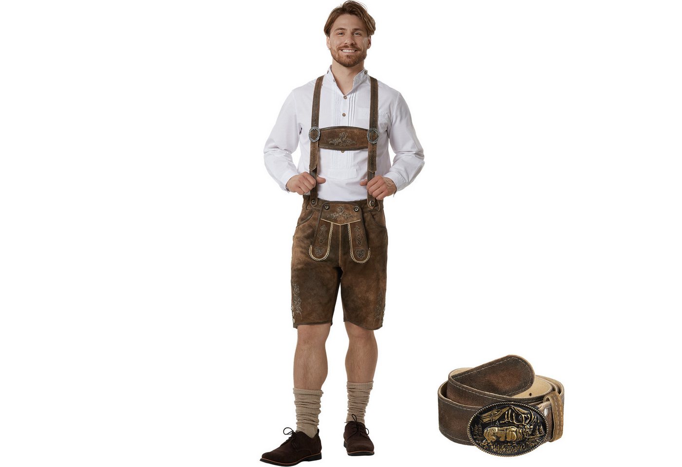 dressforfun Trachtenhose Kurze Lederhose im klassischen Trachtenstil, robust, pflegeleicht (Herrenhose Jonathan, für Volksfeste in antikem Braun) traditionelle Knochenknöpfe, Inkl. Gürtel und Hosenträgern Bild 2