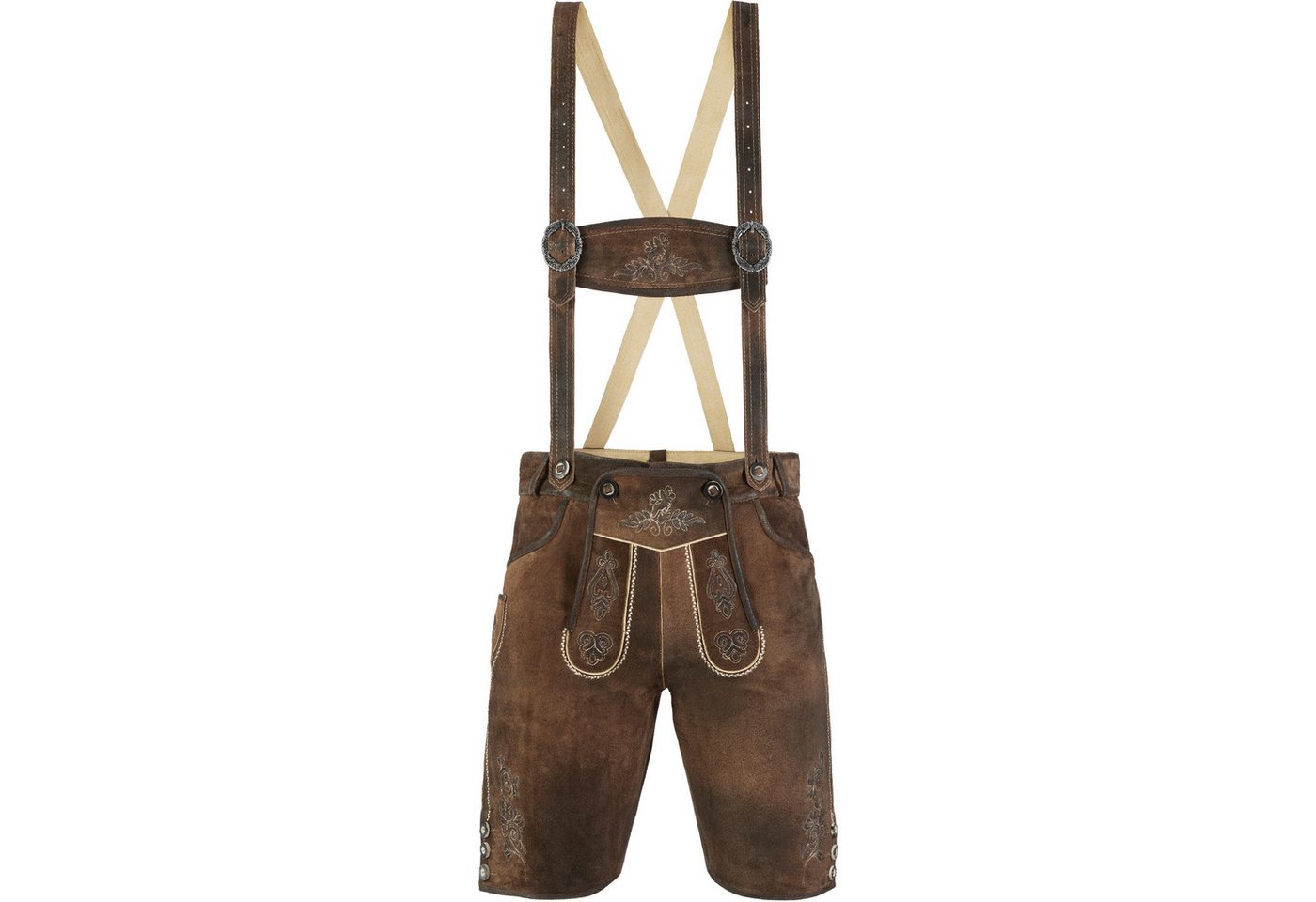 dressforfun Trachtenhose Kurze Lederhose im klassischen Trachtenstil, robust, pflegeleicht (Herrenhose Jonathan, für Volksfeste in antikem Braun) traditionelle Knochenknöpfe, Inkl. Gürtel und Hosenträgern Bild 3