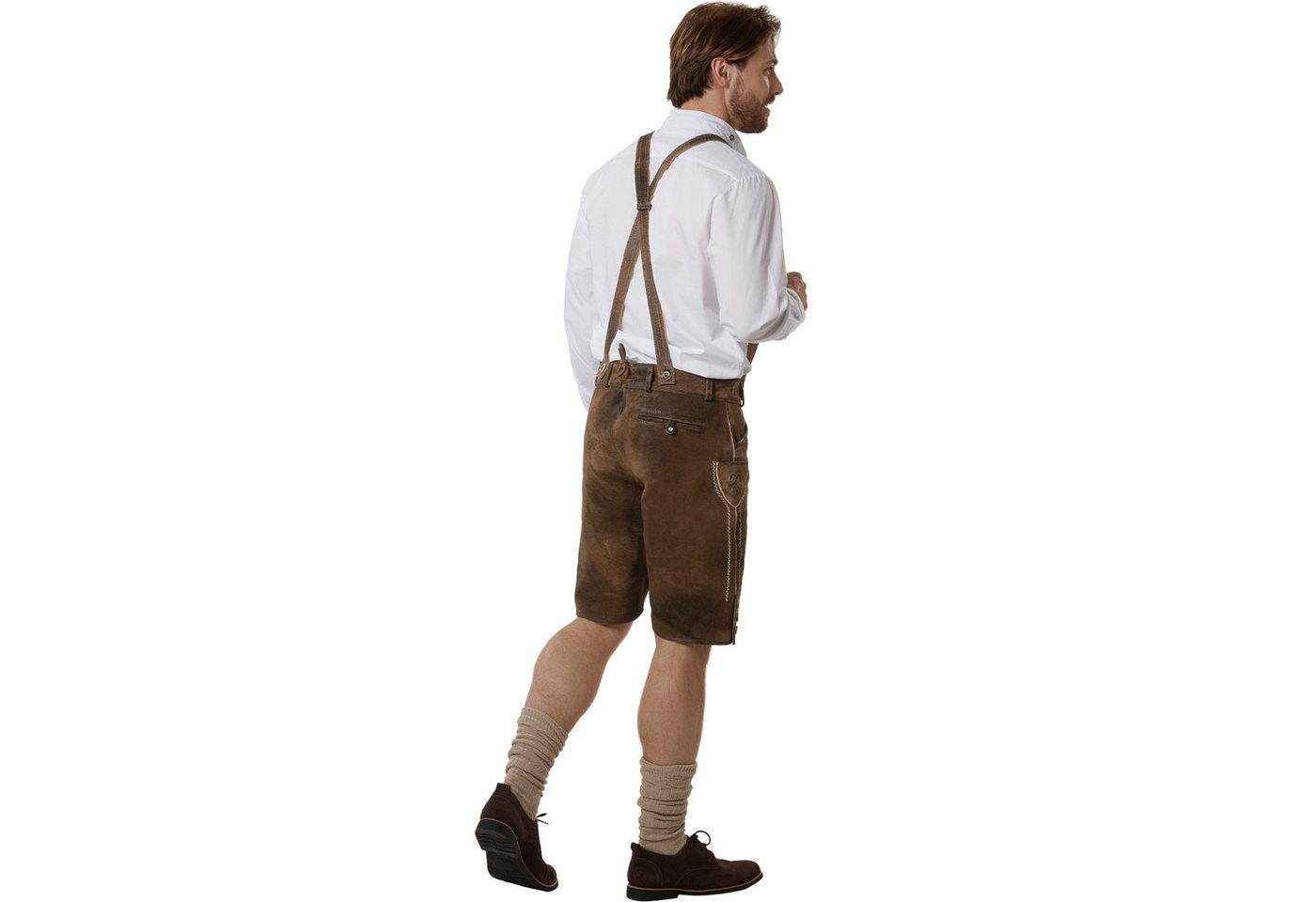dressforfun Trachtenhose Kurze Lederhose im klassischen Trachtenstil, robust, pflegeleicht (Herrenhose Jonathan, für Volksfeste in antikem Braun) traditionelle Knochenknöpfe, Inkl. Gürtel und Hosenträgern Bild 4