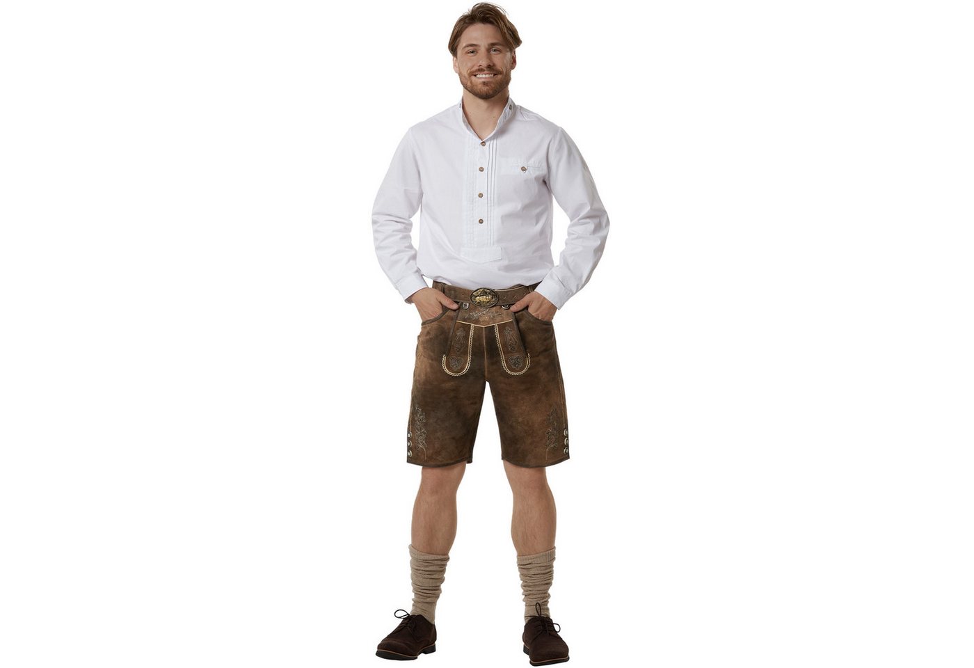 dressforfun Trachtenhose Kurze Lederhose im klassischen Trachtenstil, robust, pflegeleicht (Herrenhose Jonathan, für Volksfeste in antikem Braun) traditionelle Knochenknöpfe, Inkl. Gürtel und Hosenträgern Bild 5