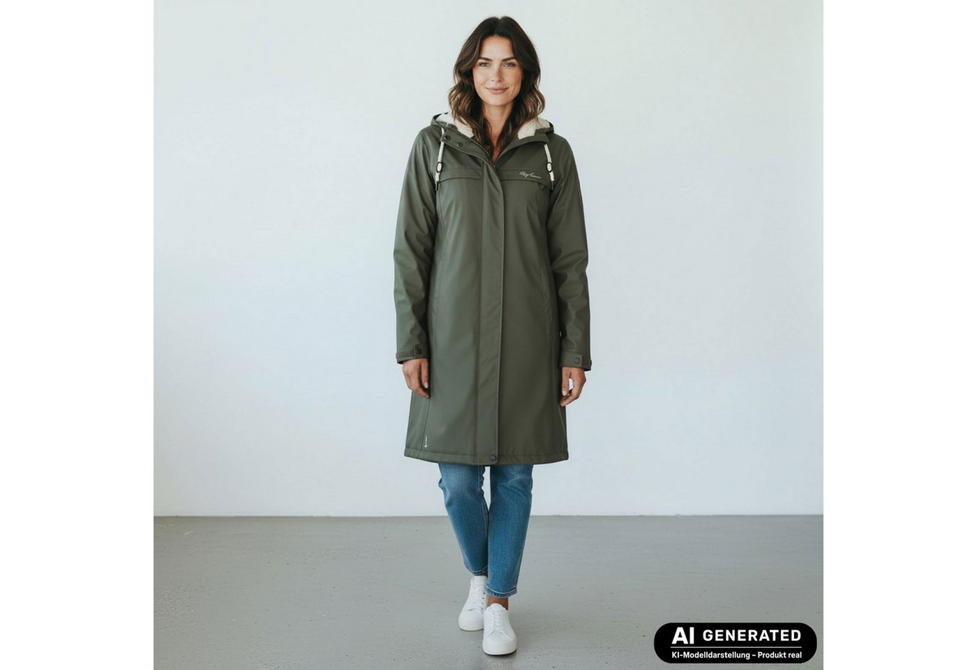 Dry Fashion Regenmantel Oslo Damen PU-Mantel Teddy-Fleece-Futter - Regenjacke Outdoor-Jacke Wind- & wasserdicht, Verschweißte Nähte, 2-Wege-Reißverschluss, Kapuze