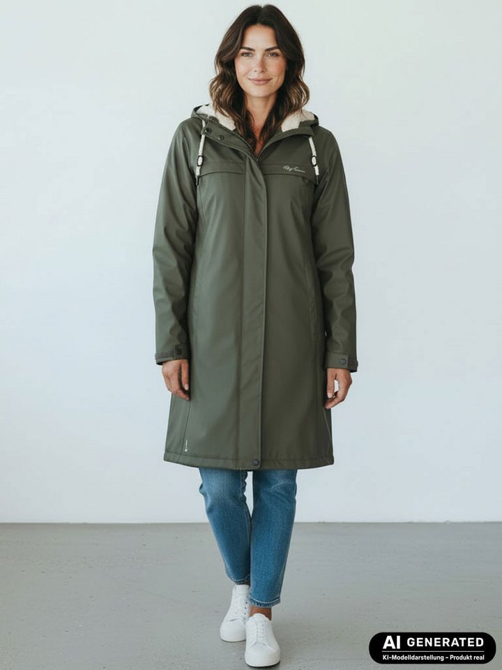 Dry Fashion Regenmantel Oslo Damen PU-Mantel Teddy-Fleece-Futter - Regenjacke Outdoor-Jacke Wind- & wasserdicht, Verschweißte Nähte, 2-Wege-Reißverschluss, Kapuze Bild 4