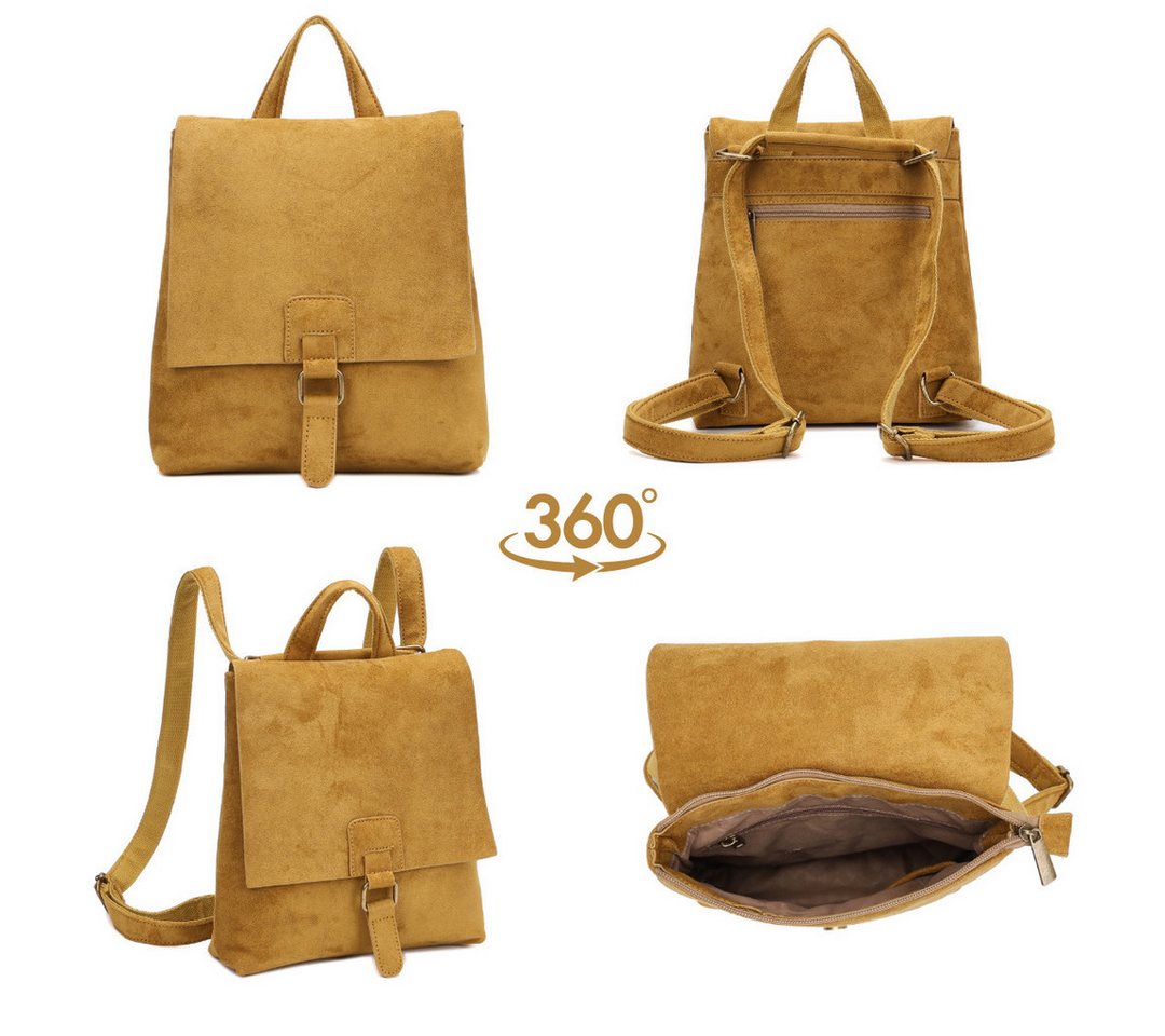 MIRROSI Tagesrucksack Damen auch als Crossbody Bag 2 in 1, Wildleder-Optik (ca. 24 x 7 x 27 cm), Cityrucksack, Daypack, Tragegriff & verstellbaren Riemen