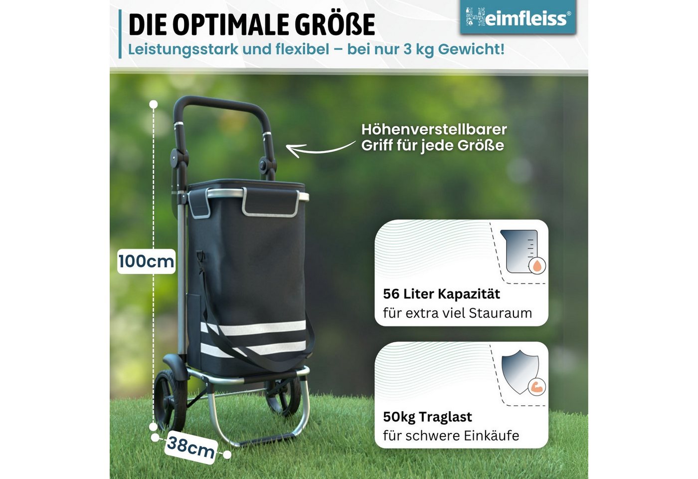 Heimfleiss® Einkaufstrolley Einkaufswagen klappbar Hackenporsche Kühlfach, 56 l, wasserdichte Tasche nur 2,5 kg