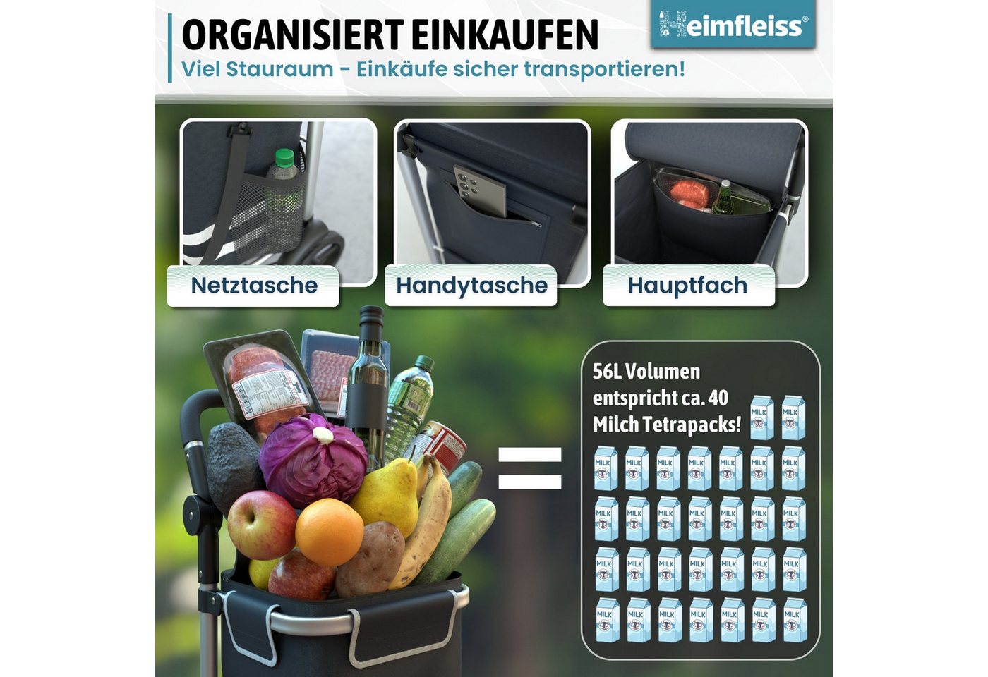 Heimfleiss® Einkaufstrolley Einkaufswagen klappbar Hackenporsche Kühlfach, 56 l, wasserdichte Tasche nur 2,5 kg Bild 4