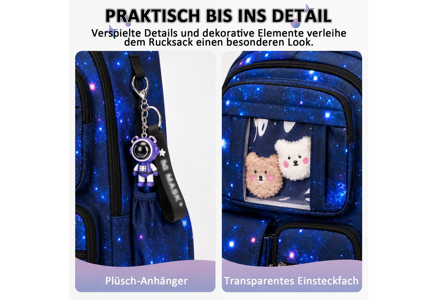 MOPUEA Schulrucksack Schulrucksack Rucksack mit viele Fächer, wasserabweisend (Schulrucksack-Set, Schulrucksack mit mehreren Fächern und Seitentaschen), 3D-Rückenpolster, Reflexstreifen, wasserabweisend, viele Fächer Bild 5