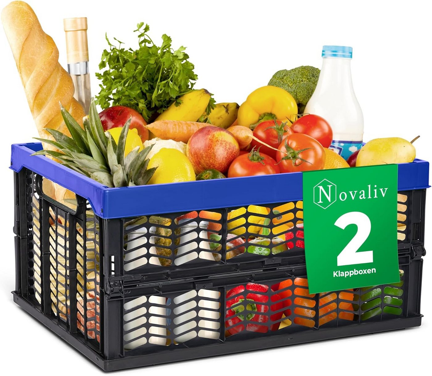 Novaliv Klappbox 19662-2xStuck, Klappboxen faltbar stabil 2x 30L Blau Schwarz baskets Einkaufskiste Kl