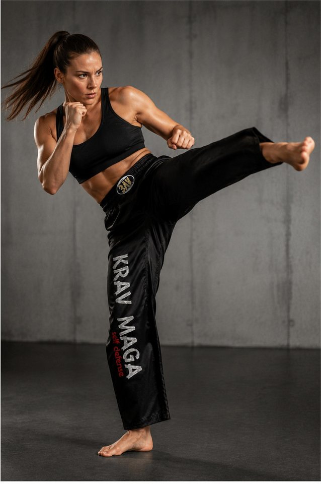 BAY-Sports Sporthose Kampfsporthose KRAV MAGA SATIN Hose lang Kampfsport lange, leichte, locker sitzende Trainingshose, Schwarz/Grau/Silber/Rot Bild 2