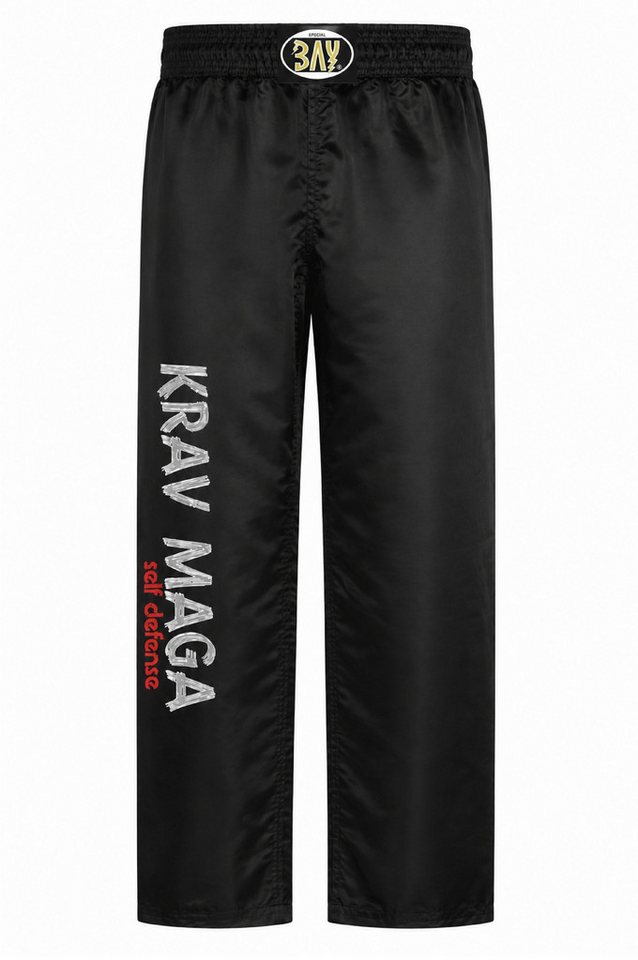 BAY-Sports Sporthose Kampfsporthose KRAV MAGA SATIN Hose lang Kampfsport lange, leichte, locker sitzende Trainingshose, Schwarz/Grau/Silber/Rot Bild 3