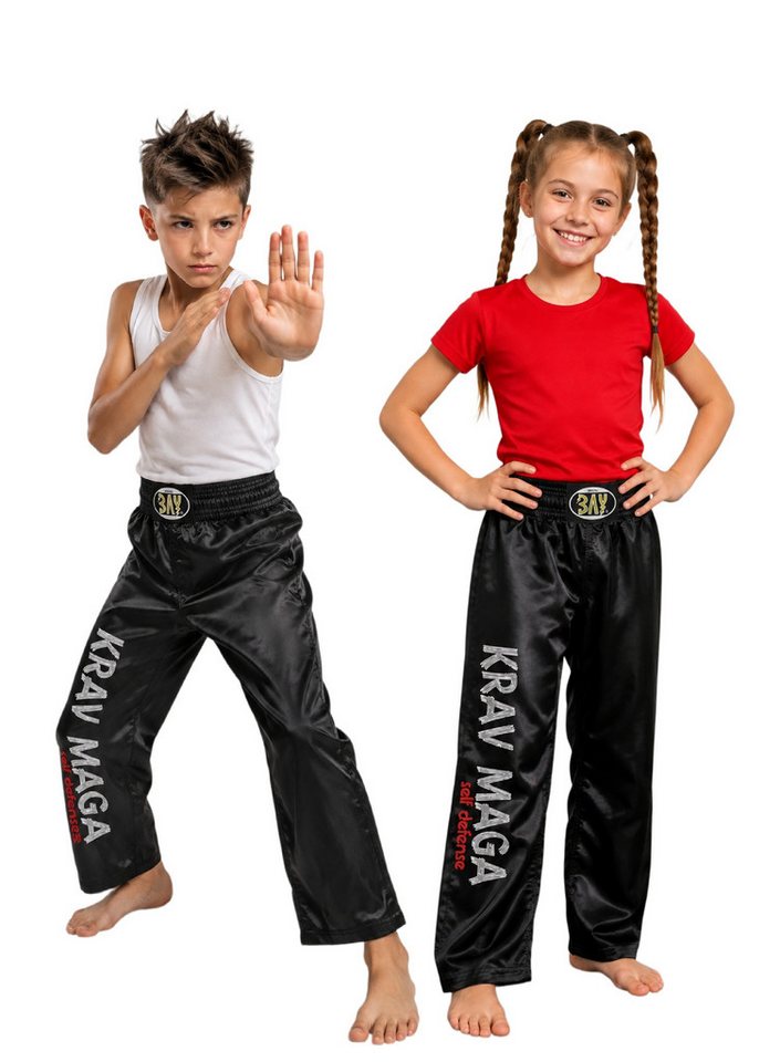 BAY-Sports Sporthose Kampfsporthose KRAV MAGA SATIN Hose lang Kampfsport lange, leichte, locker sitzende Trainingshose, Schwarz/Grau/Silber/Rot Bild 4