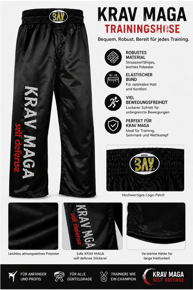 BAY-Sports Sporthose Kampfsporthose KRAV MAGA SATIN Hose lang Kampfsport lange, leichte, locker sitzende Trainingshose, Schwarz/Grau/Silber/Rot Bild 5