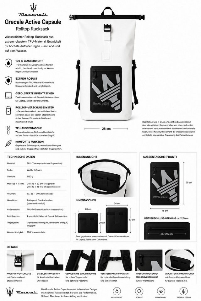 MASERATI Sportrucksack Grecale Active Capsule Rolltop-Rucksack TPU wasserdicht 25–30 L, UV-Schutz, Wassersport Bild 5