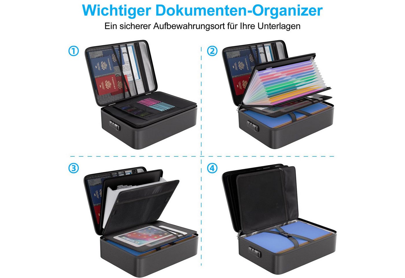 Keyura Dokumententasche Feuerfeste Dokumentenbox, Dokumententasche handtasche (mit 7 Fächer & 16 Kartenfächer Tragbare Aktentasche Zuhause und Büro, Wasserfeste Dokumenten-Organizer, 5200°F A4, Etiketten), für Büro,im Auto, im Safe oder,sondern auch auf Reisen mitnehmen