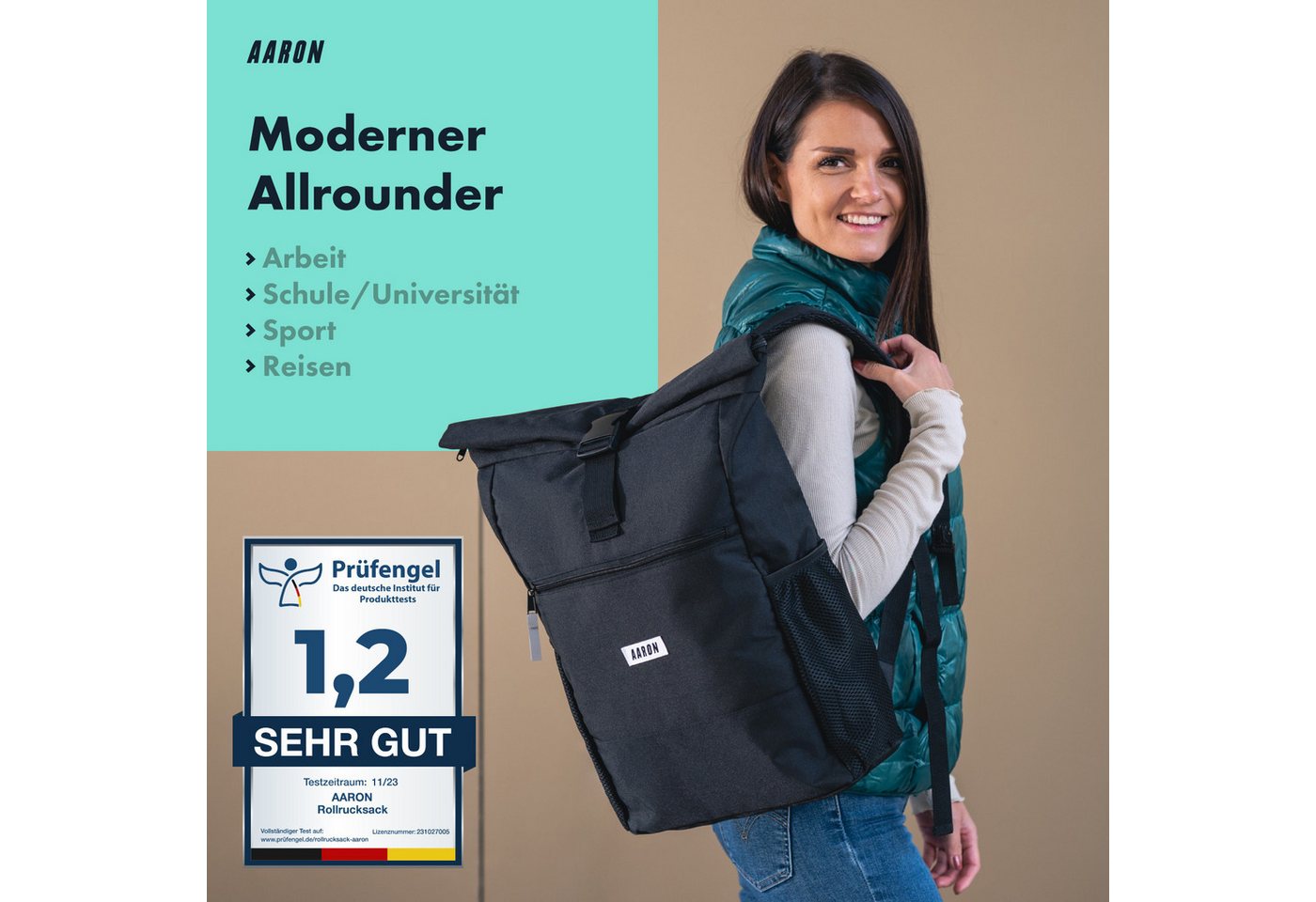 AARON Rucksack Rolltop Rucksack für Damen und Herren - 18–26 L, Schwarz