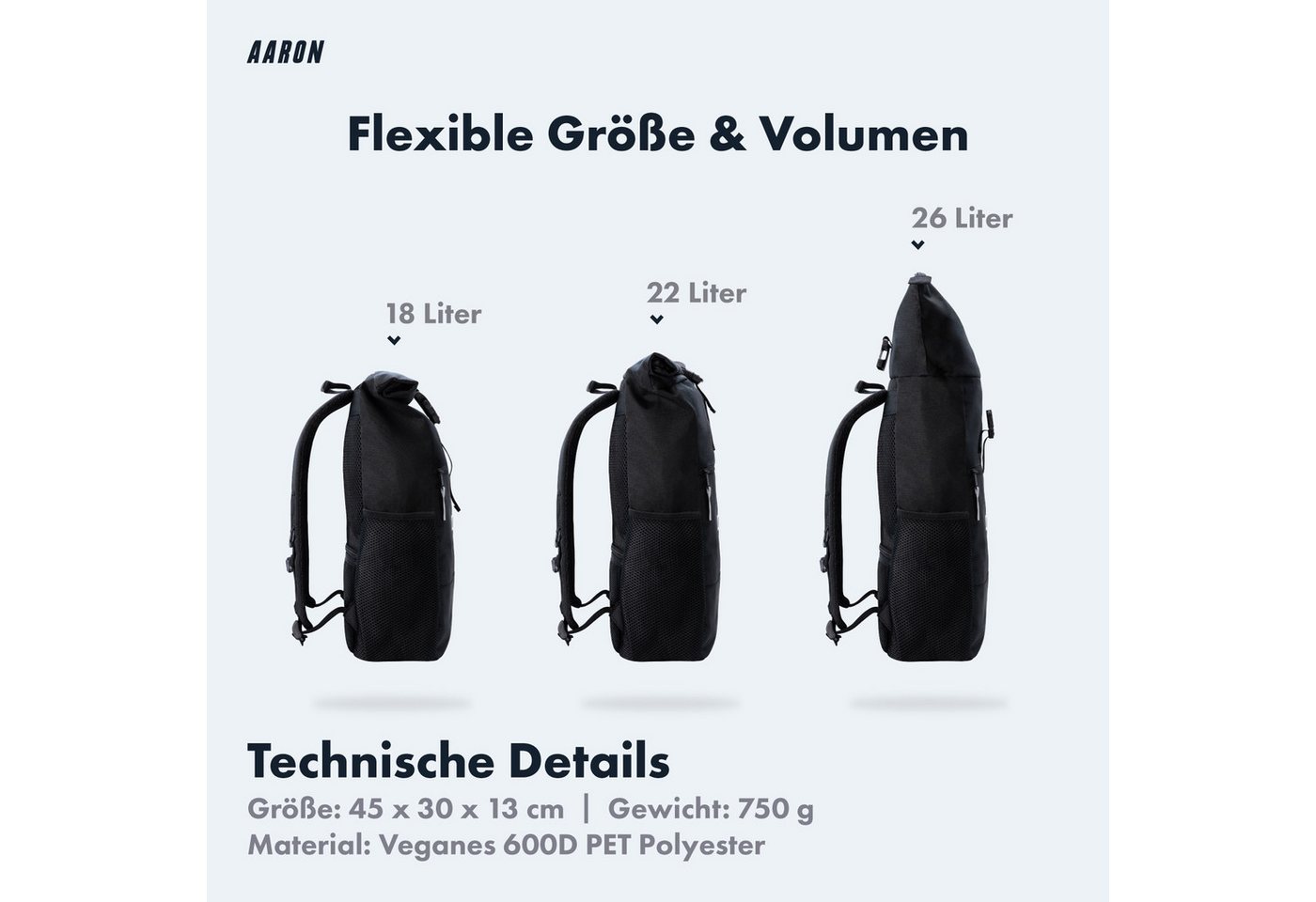 AARON Rucksack Rolltop Rucksack für Damen und Herren - 18–26 L, Schwarz Bild 3