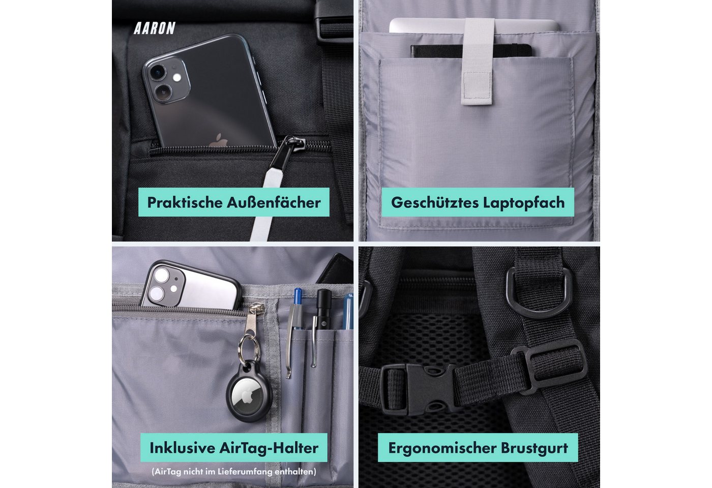 AARON Rucksack Rolltop Rucksack für Damen und Herren - 18–26 L, Schwarz Bild 5