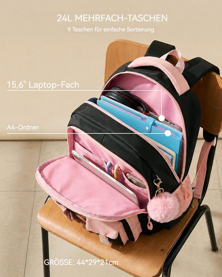 nsihing Schulrucksack Schülerrucksack/Kinderrucksack Mädchen 3 Teilig 3. - 7. Klassensihing (3-tlg), mit Lunchtasche Federmappe für Schule Reisen, 24L Bild 2