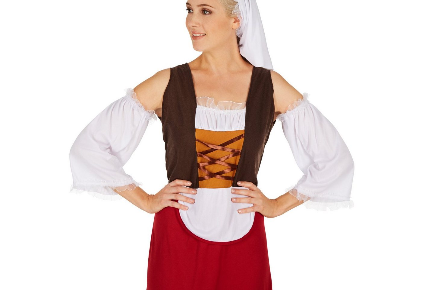 dressforfun Kostüm Dienerin/Dienstmagd, in rot/weiß, Gr. S, Inkl. schöner Kopfbedeckung, Langes Kleid im Mittelalter-Stil, Unterteil mit angenähter Schürze