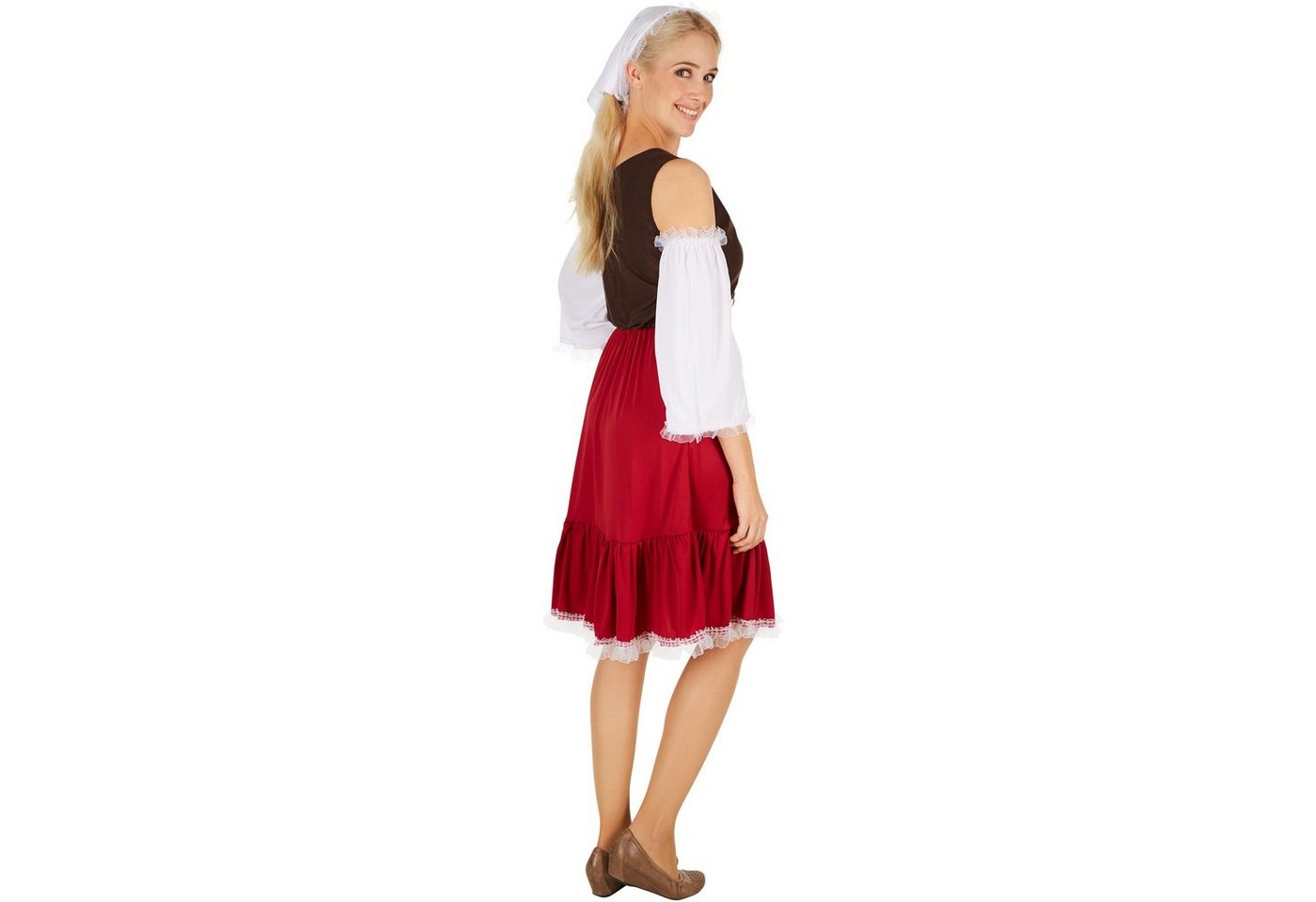 dressforfun Kostüm Dienerin/Dienstmagd, in rot/weiß, Gr. S, Inkl. schöner Kopfbedeckung, Langes Kleid im Mittelalter-Stil, Unterteil mit angenähter Schürze Bild 4