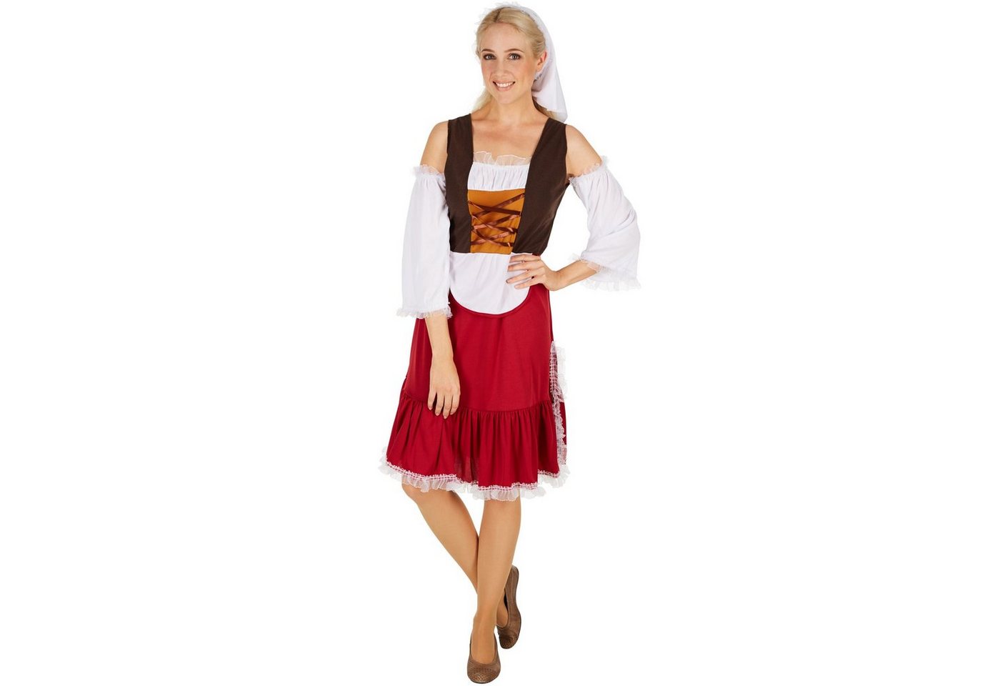 dressforfun Kostüm Dienerin/Dienstmagd, in rot/weiß, Gr. S, Inkl. schöner Kopfbedeckung, Langes Kleid im Mittelalter-Stil, Unterteil mit angenähter Schürze Bild 5