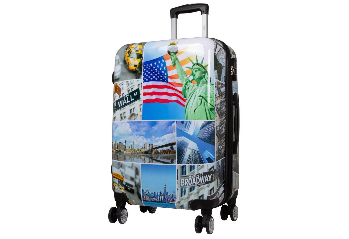 Trendyshop365 Hartschalen-Trolley Liberty, bunter Koffer mit Motiv, 3 Größen, 4 Rollen, Zahlenschloss, Polycarbonat, Dehnfalte