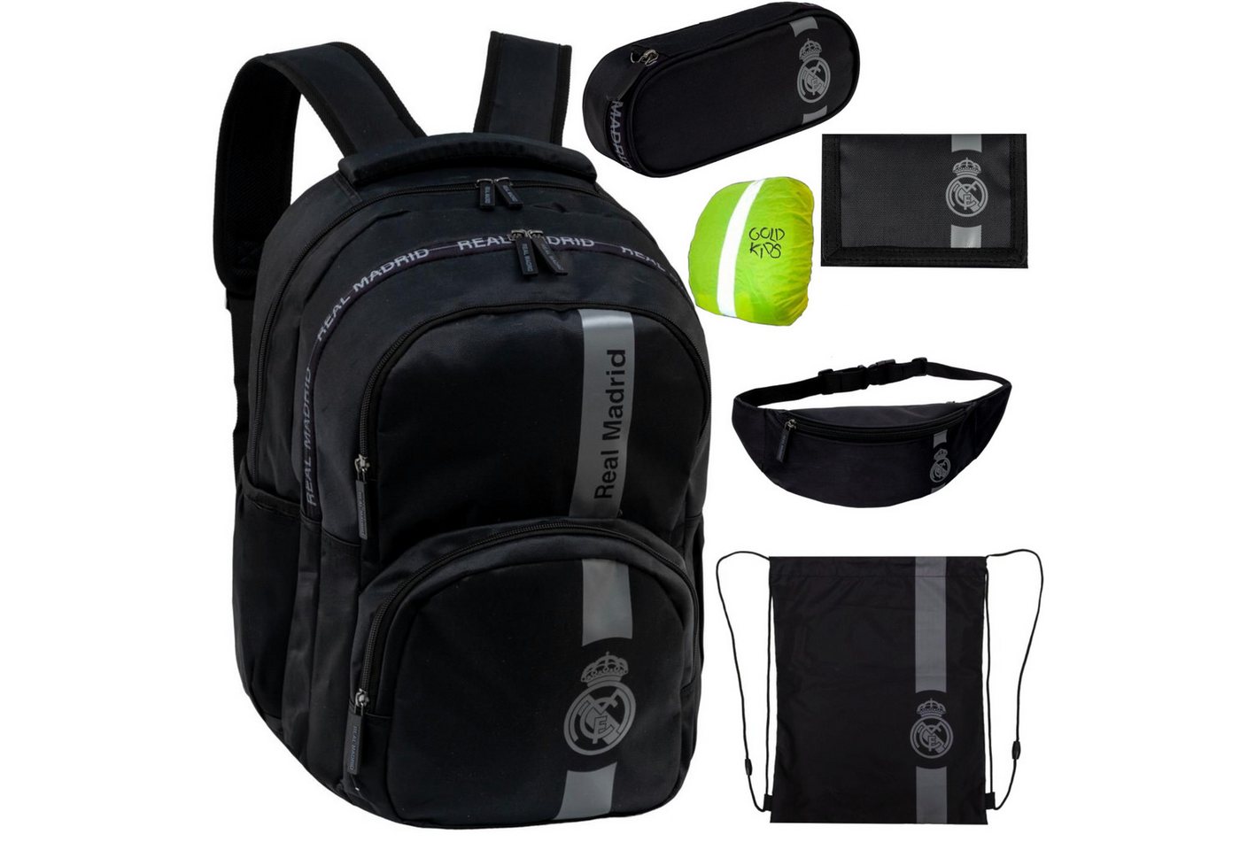 GOLDKIDS Schulranzen für Jungen und Mädchen, 6er-Set - (Schul-Rucksack für Kinder mit Schlampermäppchen-, 1-tlg., - und Regenschutz), - Real Madryt Motiv