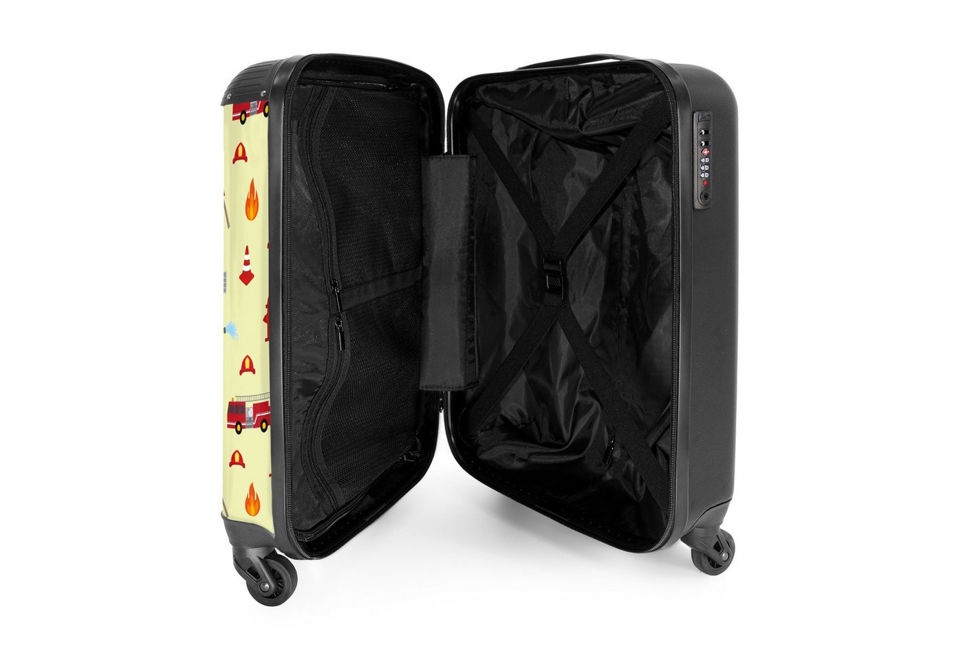 NoBoringSuitcases.com© Kinderkoffer Feuerwehraufstellung mit Fahrzeugen und Flammen 55x35x20cm, Kinder Koffer Klein, Trolley Handgepäck, Reisekoffer