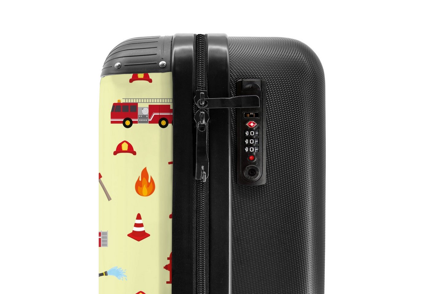 NoBoringSuitcases.com© Kinderkoffer Feuerwehraufstellung mit Fahrzeugen und Flammen 55x35x20cm, Kinder Koffer Klein, Trolley Handgepäck, Reisekoffer Bild 3