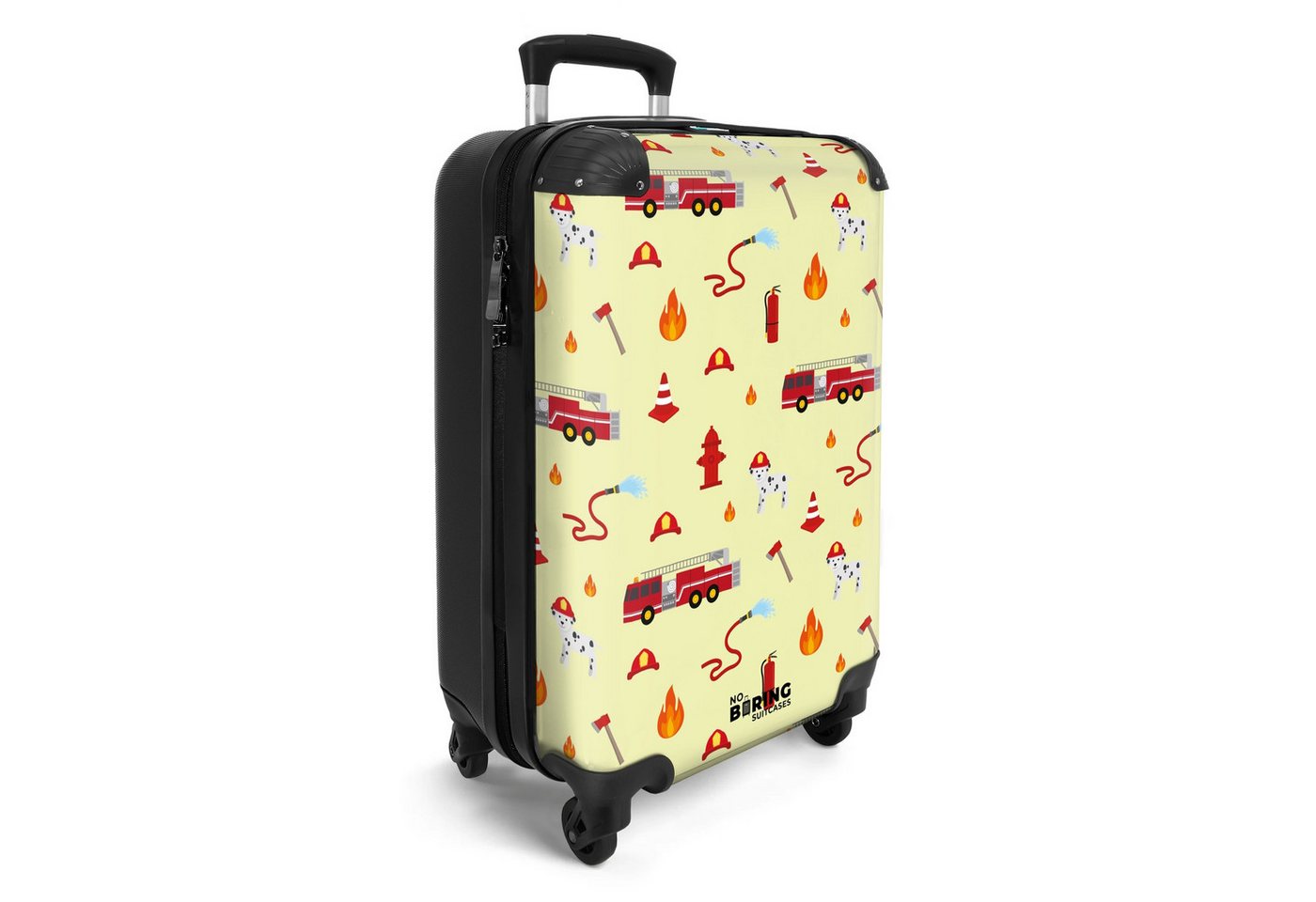 NoBoringSuitcases.com© Kinderkoffer Feuerwehraufstellung mit Fahrzeugen und Flammen 55x35x20cm, Kinder Koffer Klein, Trolley Handgepäck, Reisekoffer Bild 4