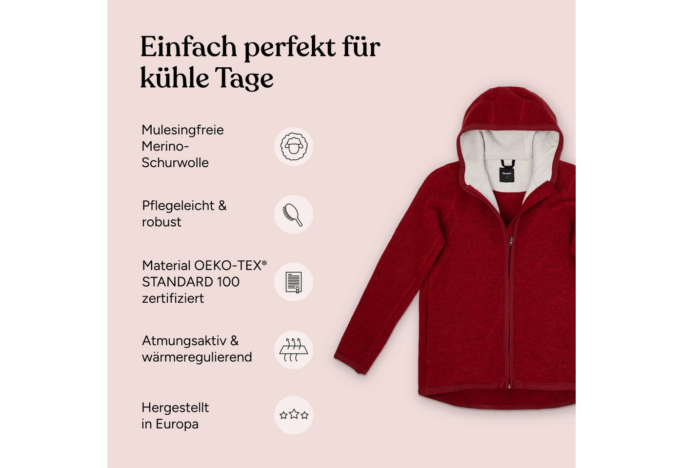 Ehrenkind Walkjacke Damen-Walkjacke aus Merino-Schurwolle mit Kapuze Atmungsaktiver Wollwalk aus reiner Merino-Schurwolle Bild 4
