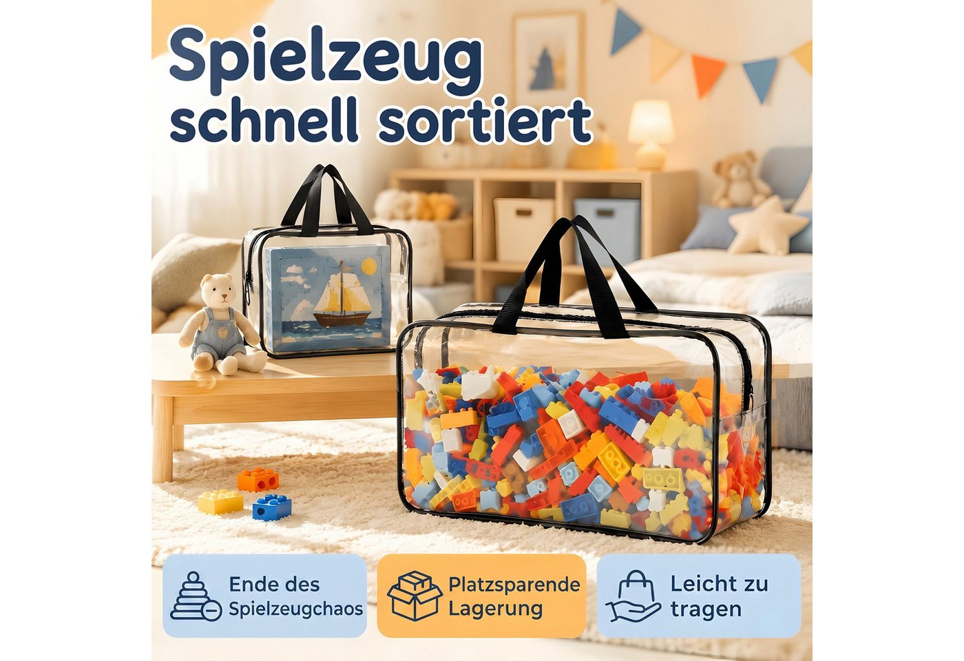 SURFOU Aufbewahrungstasche 6er PVC Aufbewahrungstaschen für Spielzeug Durchsichtig (Toilettentaschen, Spielzeug Aufbewahrungstaschen Toy Storage Bags), für Spielzeug Puzzles Blöcke