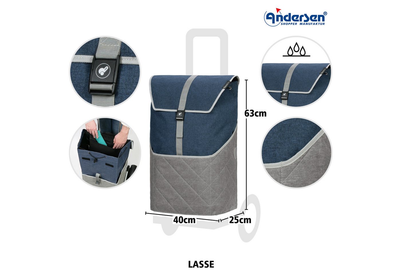 Andersen Einkaufstrolley Royal Shopper Plus Lasse blau, klappbare Ladefläche, belastbar bis 50kg, wasserabweisend