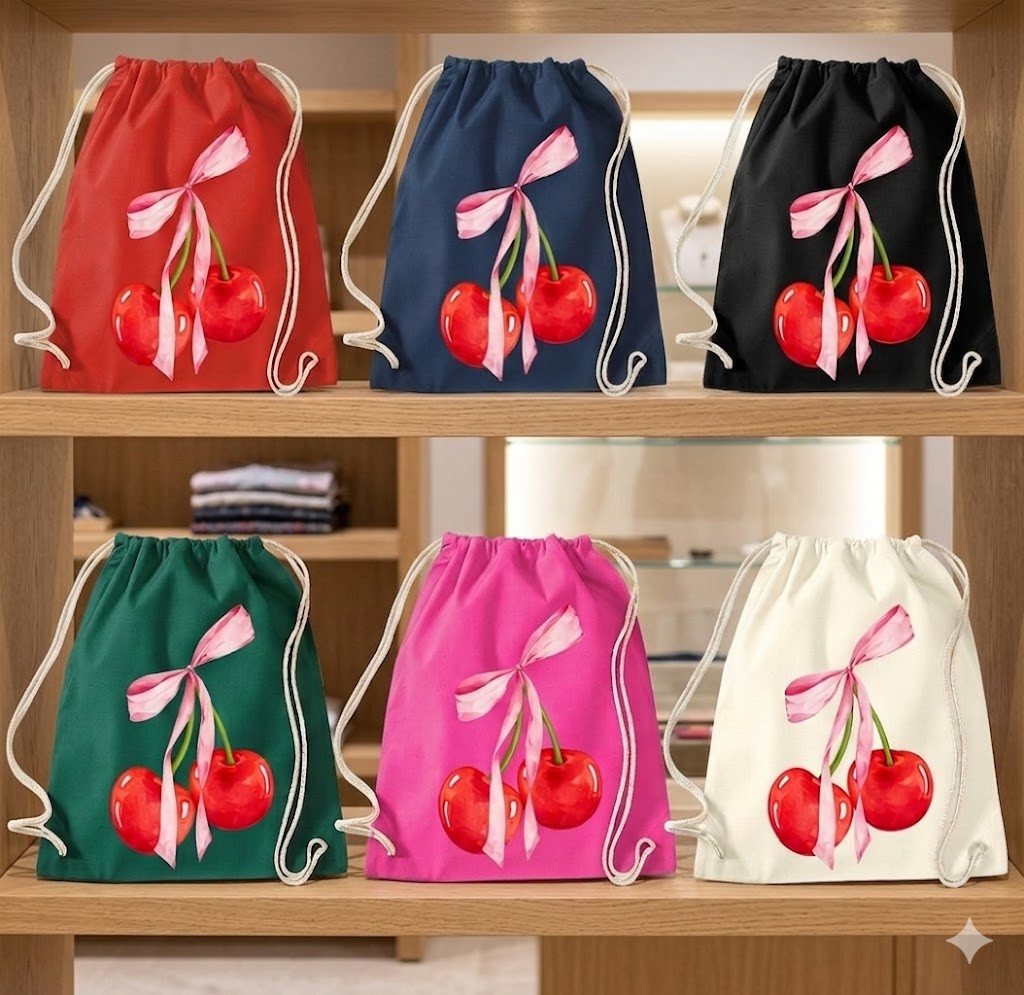 Blondie & Brownie Turnbeutel Cherrys Beutel Turnbeutel mit Kirsch Schleife Motiv Baumwolle (Einzelstück, Einzelartikel), Cherrys Beutel KirschSchleifen Tasche