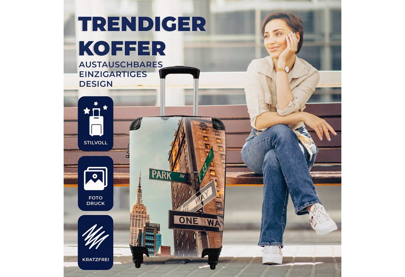 MuchoWow Handgepäckkoffer Stadtzentrum New York, 4 Rollen, Handgepäck Trolley Rollkoffer Kleine Reisekoffer mit 4 Rollen - Cabin Size < 55x40x23 & 55x40x20 cm - Fotokoffer - Kabinenkoffer - Boardgepäck