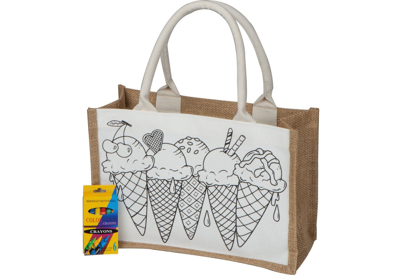 Macma Aufbewahrungstasche Jute Baumwolltasche zum Ausmalen / Einkaufstasche mit 6 Wachsmalkreide