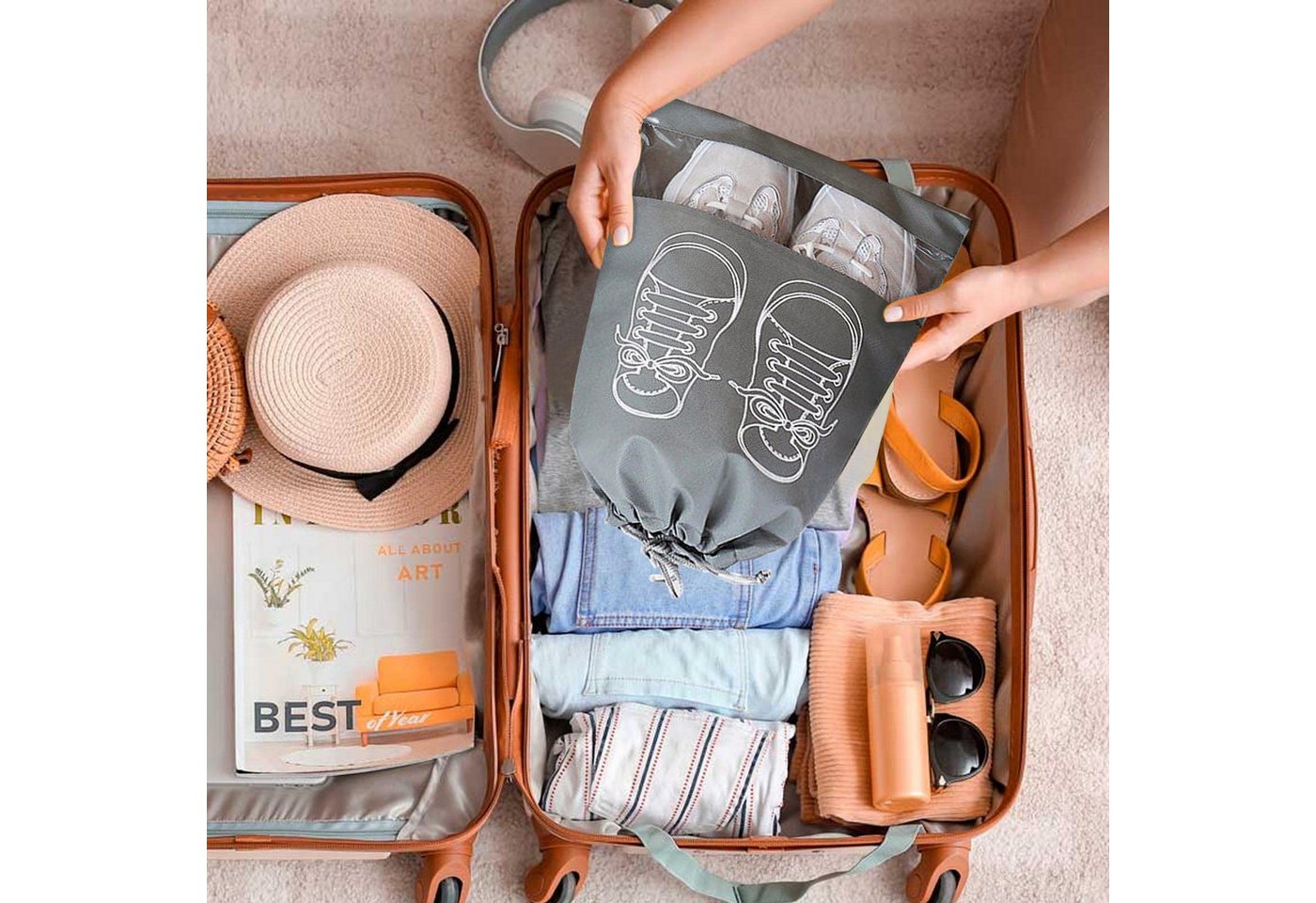 FOUORTUNATE-BEE Kofferorganizer 5 Schuhbeutel mit Kordelzug groß Reise Schuhaufbewahrung Set (5-tlg), Für Sneaker Reisen Sport Tanz Fitness und Gepäckorganisation
