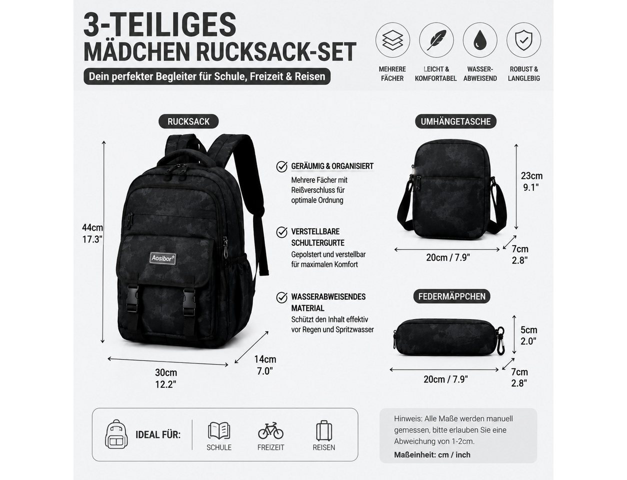 Fyrove Schulrucksack Rucksack Set 3-teilig mit Umhängetasche und Mäppchen (mit geräumigem Schulrucksack, passender Umhängetasche und Mäppchen), ideal für Schule, Studium, Freizeit und Reisen Bild 4