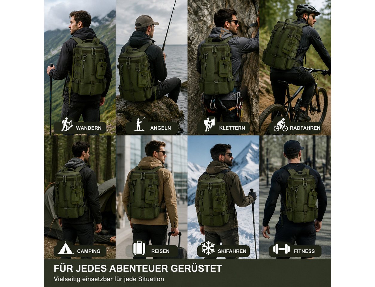 ibettertec Reiserucksack Outdoor Rucksack Multifunktionaler Trekkingrucksack mit MOLLE-System (Wanderrucksack Trekking Rucksack mit vielen Taschen, wasserdicht, Militär Rucksack), für Fitnessstudio Arbeit Camping, Herren Damen