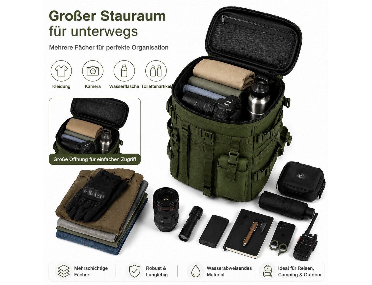 ibettertec Reiserucksack Outdoor Rucksack Multifunktionaler Trekkingrucksack mit MOLLE-System (Wanderrucksack Trekking Rucksack mit vielen Taschen, wasserdicht, Militär Rucksack), für Fitnessstudio Arbeit Camping, Herren Damen Bild 3