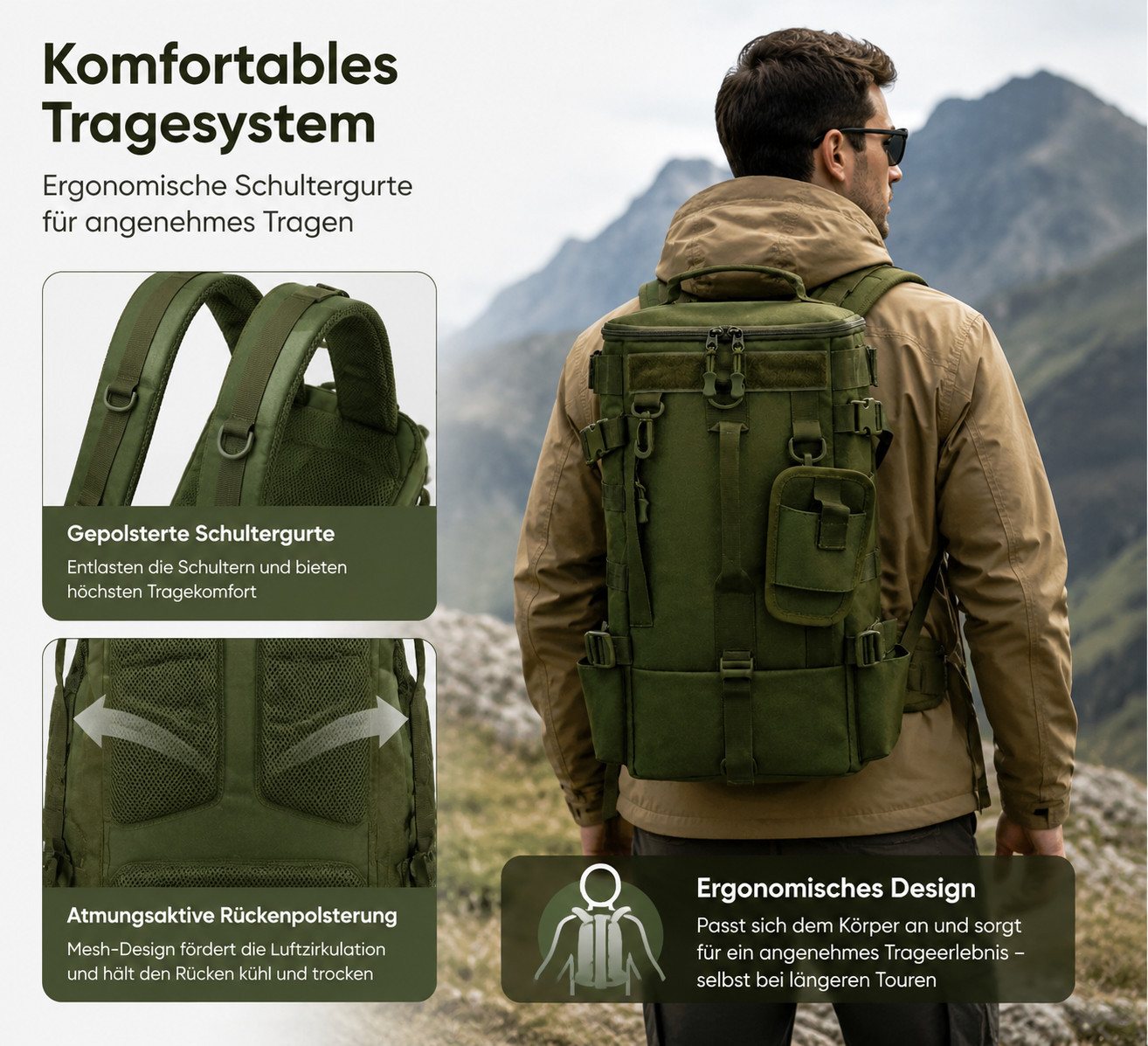 ibettertec Reiserucksack Outdoor Rucksack Multifunktionaler Trekkingrucksack mit MOLLE-System (Wanderrucksack Trekking Rucksack mit vielen Taschen, wasserdicht, Militär Rucksack), für Fitnessstudio Arbeit Camping, Herren Damen Bild 4