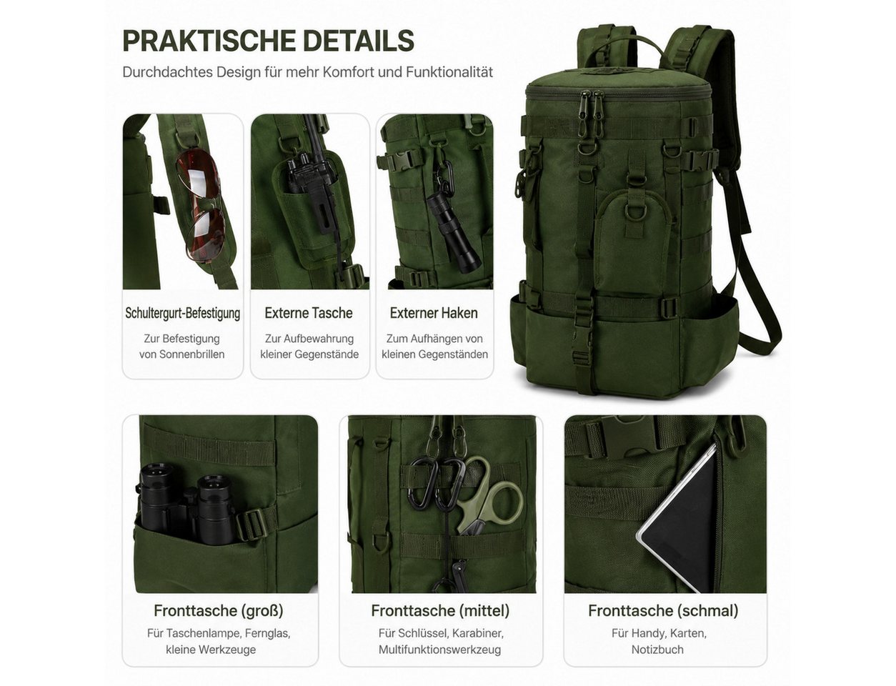 ibettertec Reiserucksack Outdoor Rucksack Multifunktionaler Trekkingrucksack mit MOLLE-System (Wanderrucksack Trekking Rucksack mit vielen Taschen, wasserdicht, Militär Rucksack), für Fitnessstudio Arbeit Camping, Herren Damen Bild 5