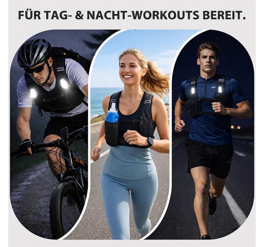 Fizzyo Trinkrucksack LED Laufweste mit Trinkflasche 500 ml Reflektierend 3 Taschen (LED-Laufweste mit 500-ml-Trinkflasche und reflektierenden Elementen, LED-Laufweste mit 500-ml-Trinkflasche und 3 Taschen), 3 LED-Leuchten, reflektierende Streifen, 500-ml-Trinkflasche