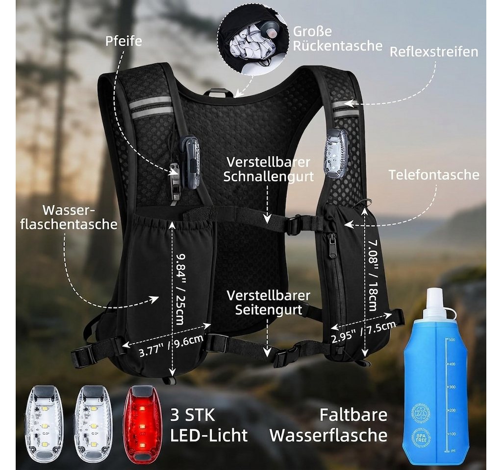 Fizzyo Trinkrucksack LED Laufweste mit Trinkflasche 500 ml Reflektierend 3 Taschen (LED-Laufweste mit 500-ml-Trinkflasche und reflektierenden Elementen, LED-Laufweste mit 500-ml-Trinkflasche und 3 Taschen), 3 LED-Leuchten, reflektierende Streifen, 500-ml-Trinkflasche Bild 2