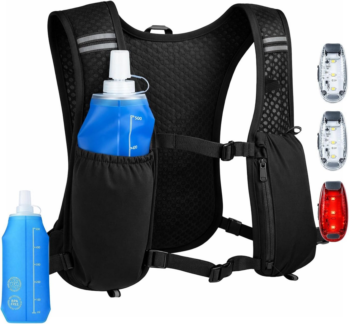 Fizzyo Trinkrucksack LED Laufweste mit Trinkflasche 500 ml Reflektierend 3 Taschen (LED-Laufweste mit 500-ml-Trinkflasche und reflektierenden Elementen, LED-Laufweste mit 500-ml-Trinkflasche und 3 Taschen), 3 LED-Leuchten, reflektierende Streifen, 500-ml-Trinkflasche Bild 3