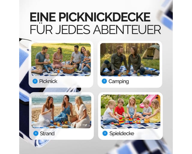 Picknickdecke Campingdecke Strandmatte Wasserdicht Wärmeisoliert Waschbar Fleece Faltbar Garten Stranddecke 200x200cm, Quadrate/blau - Detex