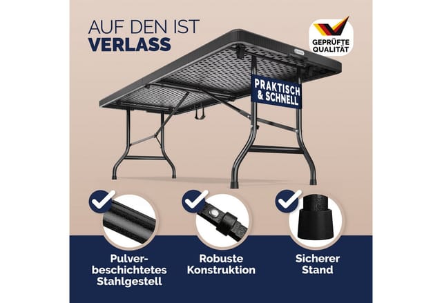 Gartentisch 180x75cm Klappbar Rattan Optik Wetterfest Tragegriff Kunststoff Balkon Garten Terrasse Camping Klapptisch Campingtisch Buffettisch