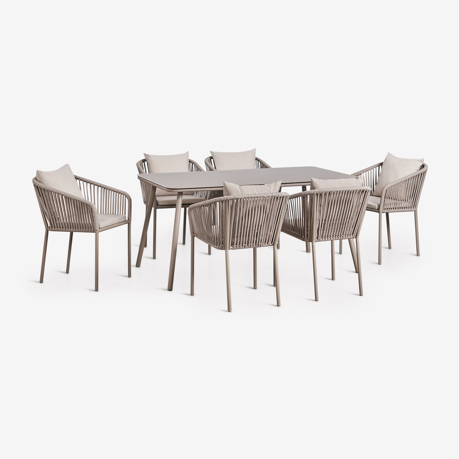Sklum Rechteckiger Gartentisch-set 160x90 Cm Mit 6 Stühlen Aus Geflochtener Seil Arhiza Classic Moka Braun