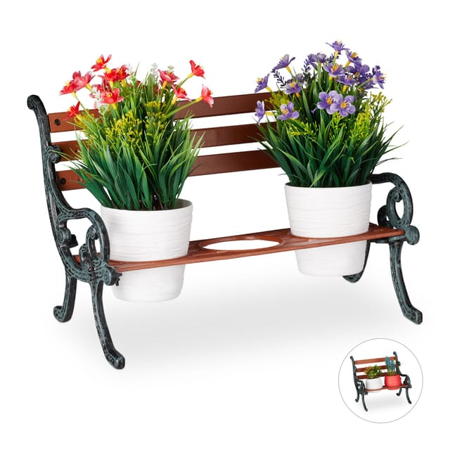 Relaxdays Mini Blumenbank, Gusseisen & Holz, Blumenständer für 3 Blumentöpfe, Ø 9 cm, Garten Deko Bank, braun/grau-grün