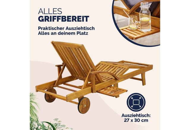 Sonnenliege 2er Set Klappbar Wetterfest 2 Personen Holz Gartenliege mit 2 Räder Ablage Tisch Liegestuhl Verstellbare Rücken- Fußlehne Garten 196cm