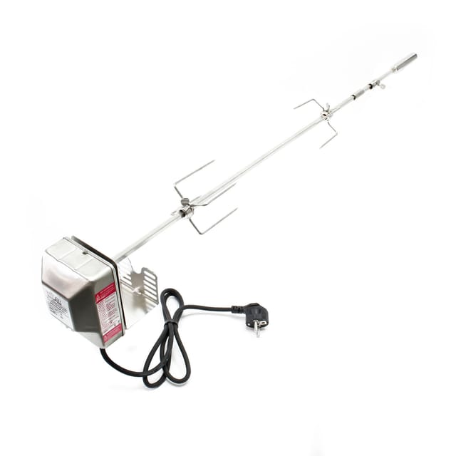 BBQ Grillspieß 97cm 230V aus Edelstahl, inkl. 2 Fleischklammern, Drehspieß Rôtisserie